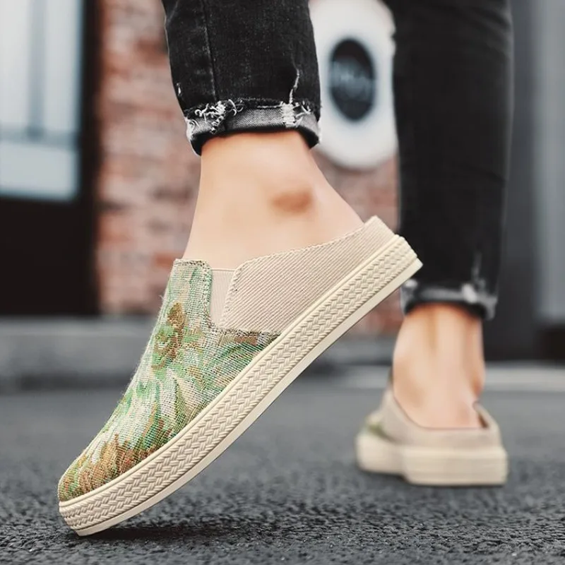 Men's Breathable Canvas Slip-On Casual Shoes for Summer Korean Trendy Style Half Slippers