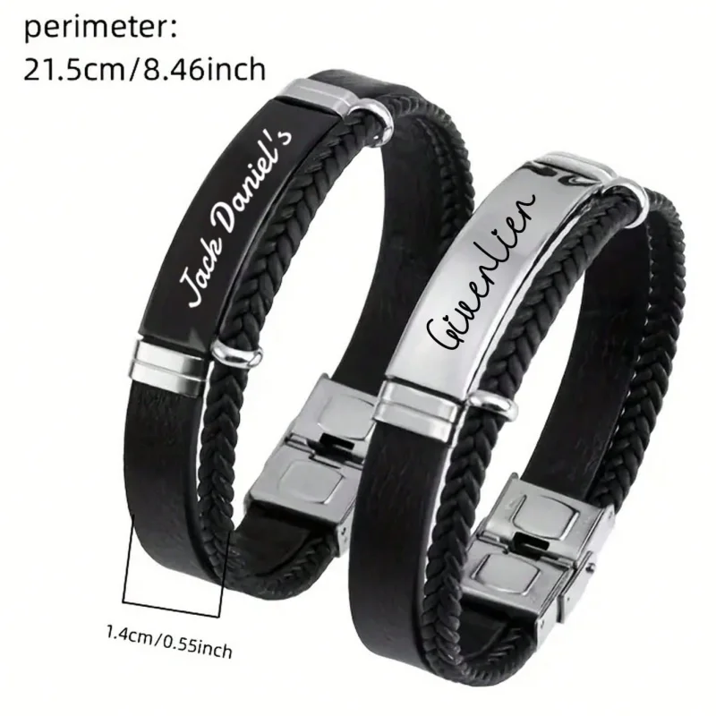 Custom Engraved Name Braided Rope Stainless Steel Bracelet, Personalised Engraved Text Twisted Rope Braided Leather Wristband