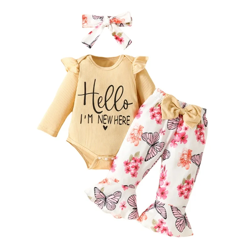 

SUNSIOM 3PCS Baby Girls Fall Outfits Long Sleeve Letter Print Romper Butterfly Flare Pants Bow Headband Set Infant Clothes