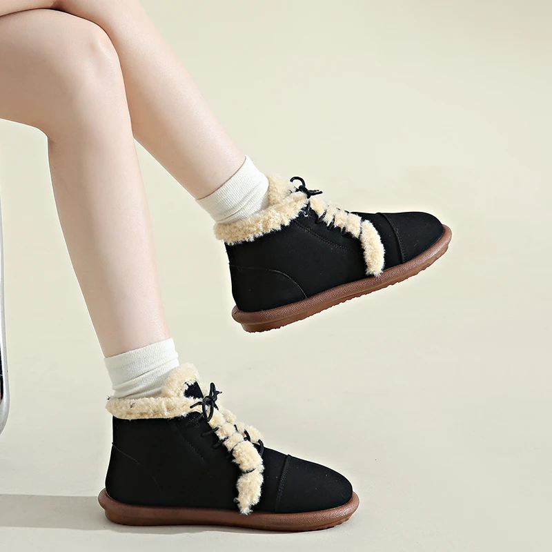أحذية بدون كعب كلاسيكية، أحذية نسائية قطنية بمقدمة مستديرة، أحذية ثلج دافئة معزولة بنمط جديد لخريف وشتاء 2025 #4