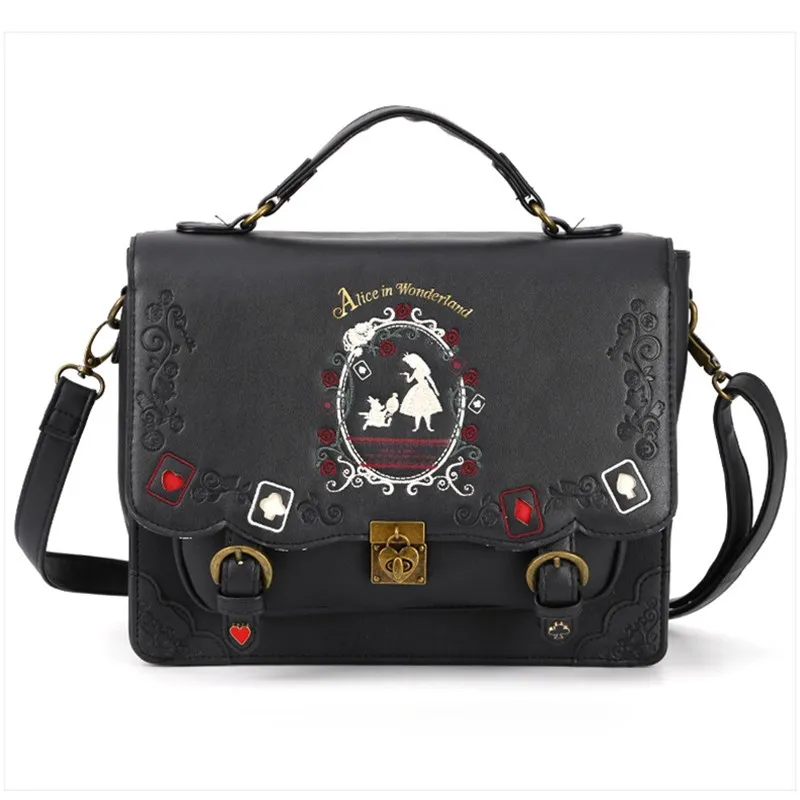 2023 New Alice In Wonderland Shoulder Bag Axes Femme Vintage Student Schoolbag Playing Cards Silhouette Handbag Leather Bag