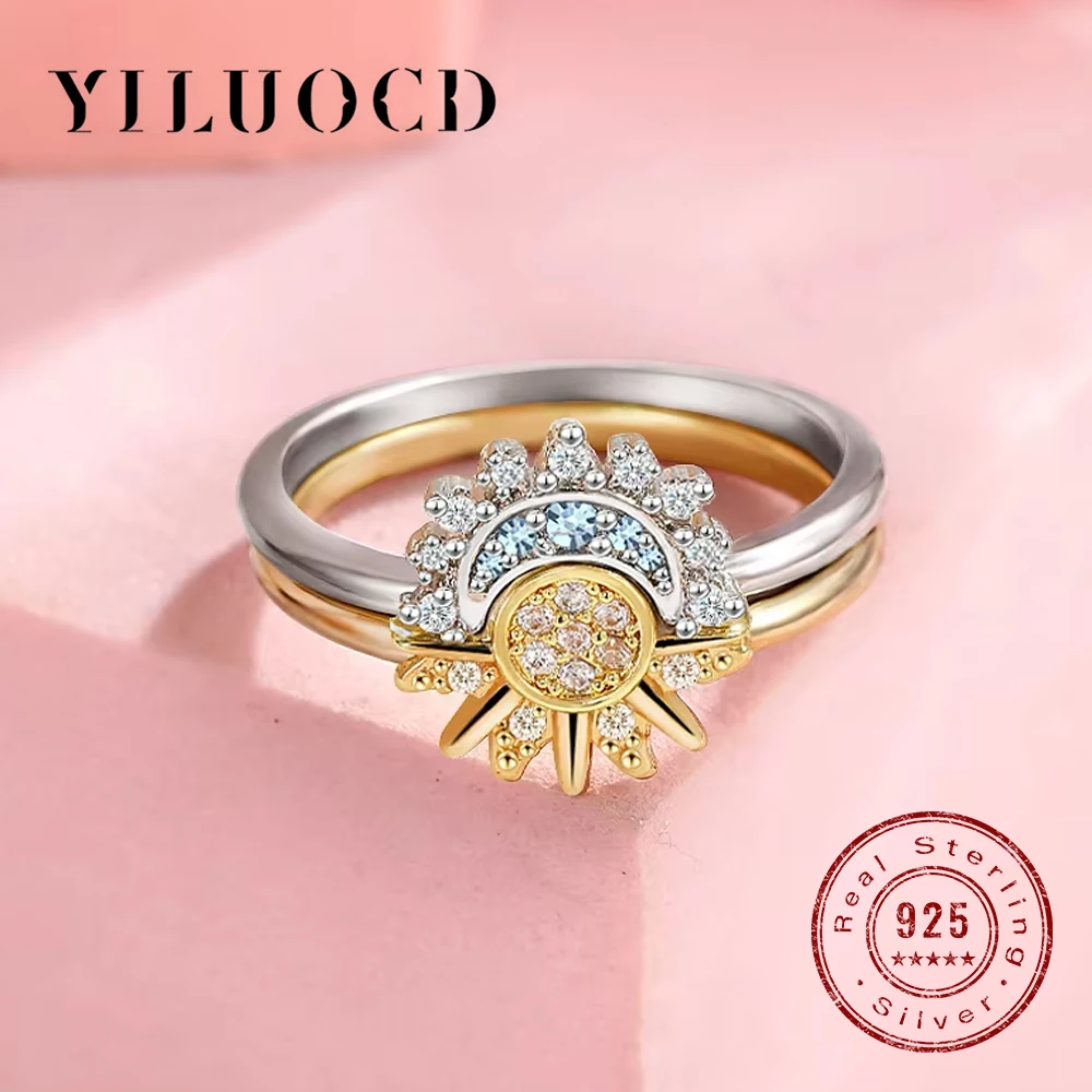 

YILUOCD 925 Sterling Silver Sun and Moon Ring Set for Women Sparkling Cubic Zirconia Stackable Rings Promise Couple Fine Jewelry