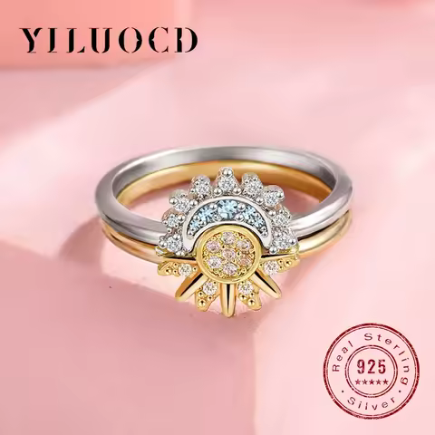 YILUOCD 925 Sterling Silver Sun and Moon Ring Set for Women Sparkling Cubic Zirconia Stackable Rings Promise Couple Fine Jewelry
