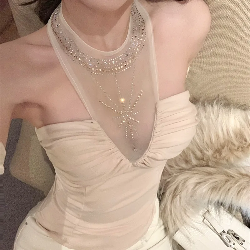 

Elegant Diamond Embedded V-Neck Sleeveless Top Slimming Fit Sexy Korean Style Women's Fashion Spring Autumn New Arrival