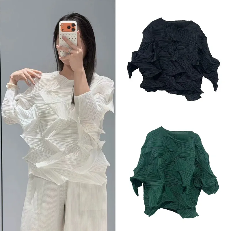 Miyake Geometric Pleated T-Shirt Plisse 2026 Autumn New Women's Round Neck Batwing Long Sleeve Irregular Loose Pleated Pullover