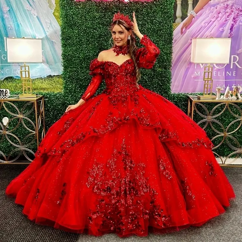 

Red Shiny Off Shoulder Quinceanera Dress Ruffles Appliques Lace Beads Sweep Train Ball Gown Sweet 16 Vestidos De Fiesta