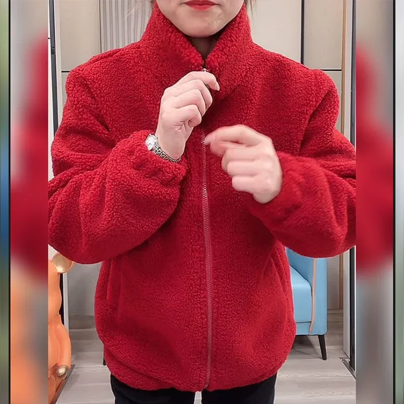 Cashmere Padded Coat Mother Warm Cotton-Padded Clothes Age-Reducing Women's Polar Fleece Loose Slimming Zipper Coat
