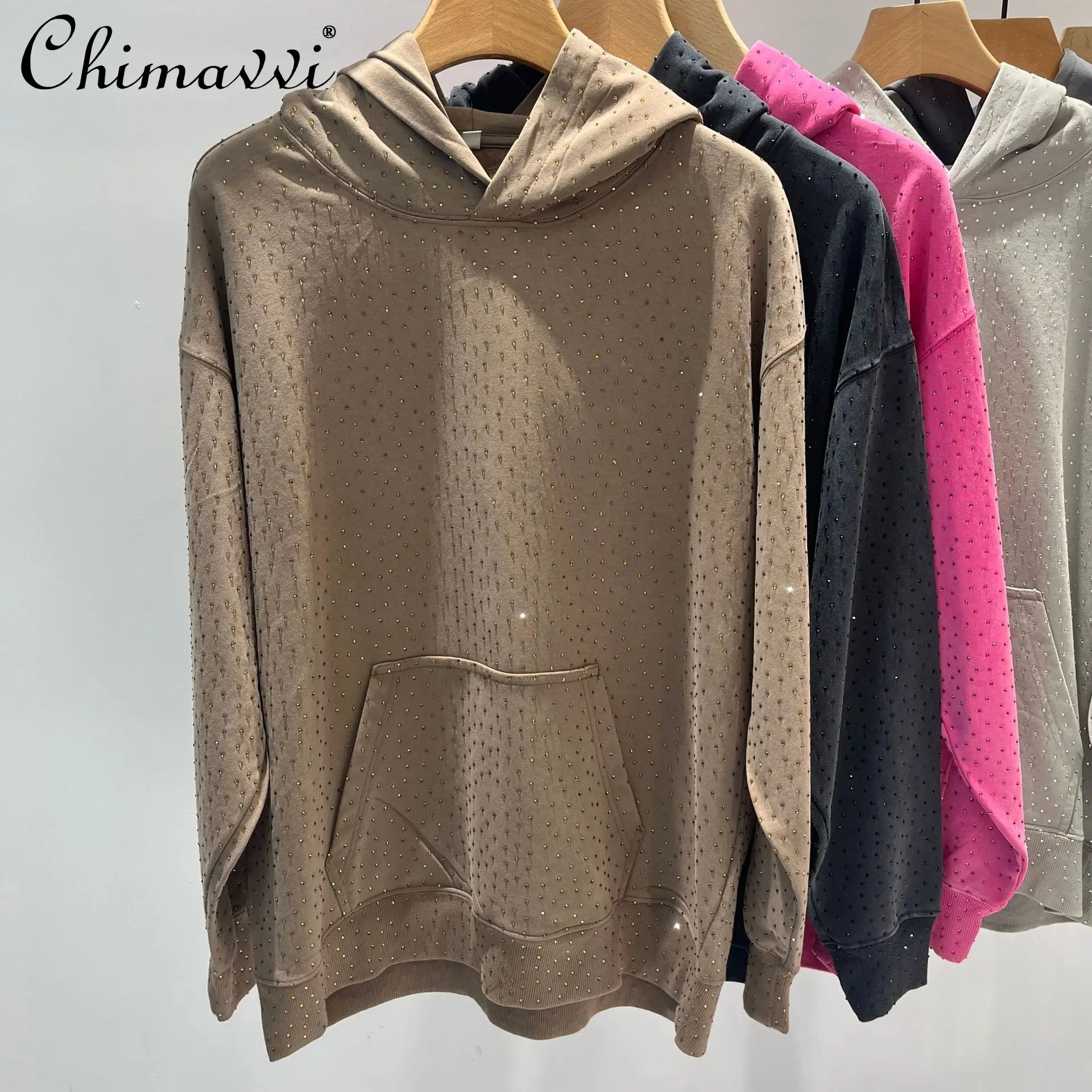 Sudadera de manga larga con diseño de diamante pesado para mujer, jersey de calle versátil, informal, holgado, ajustado, a la moda, otoño 2025