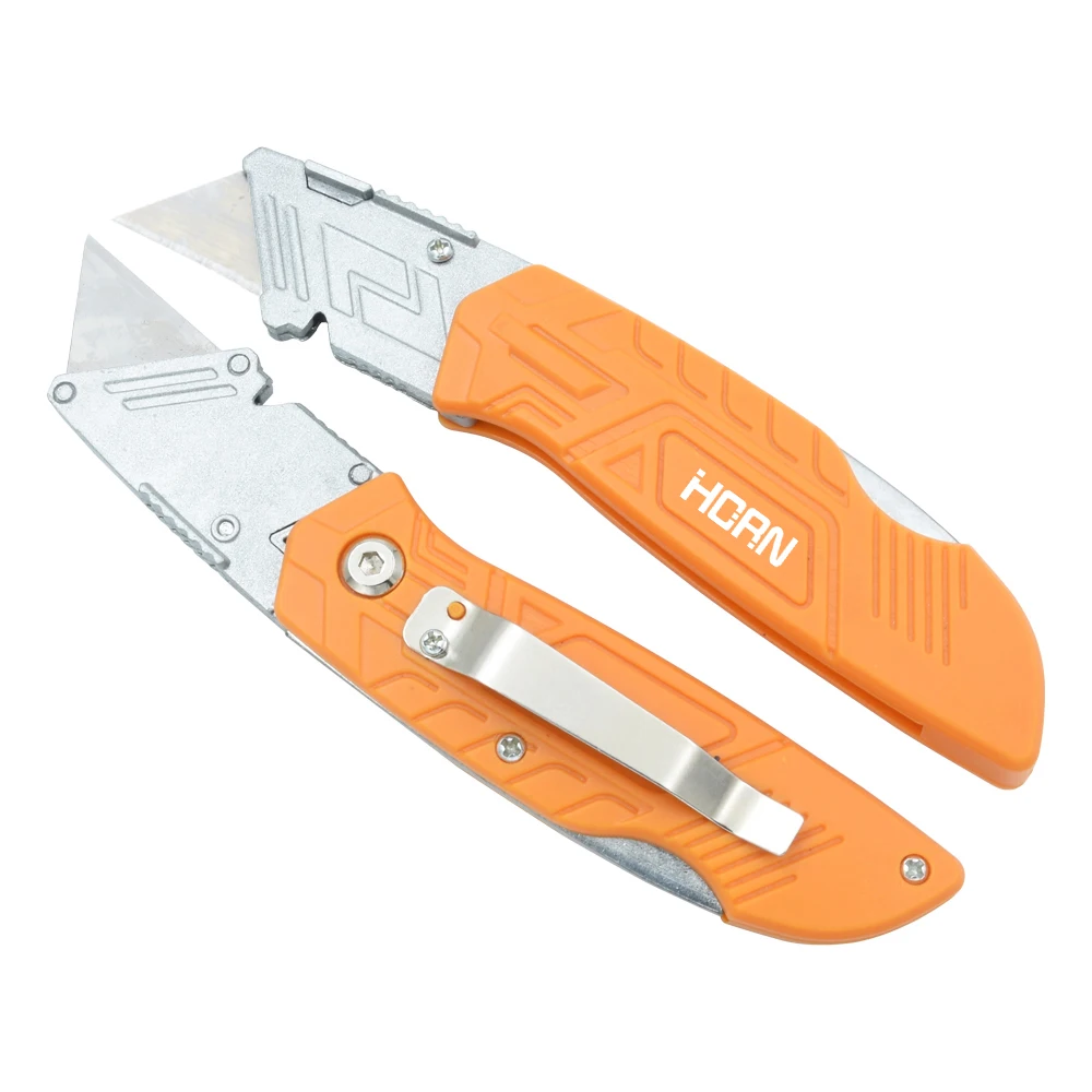 4-Pack Folding Utility Knife Set with 12 Extra Blades, Orange-Coded Handles for Jobsite, Warehouse & Home Use