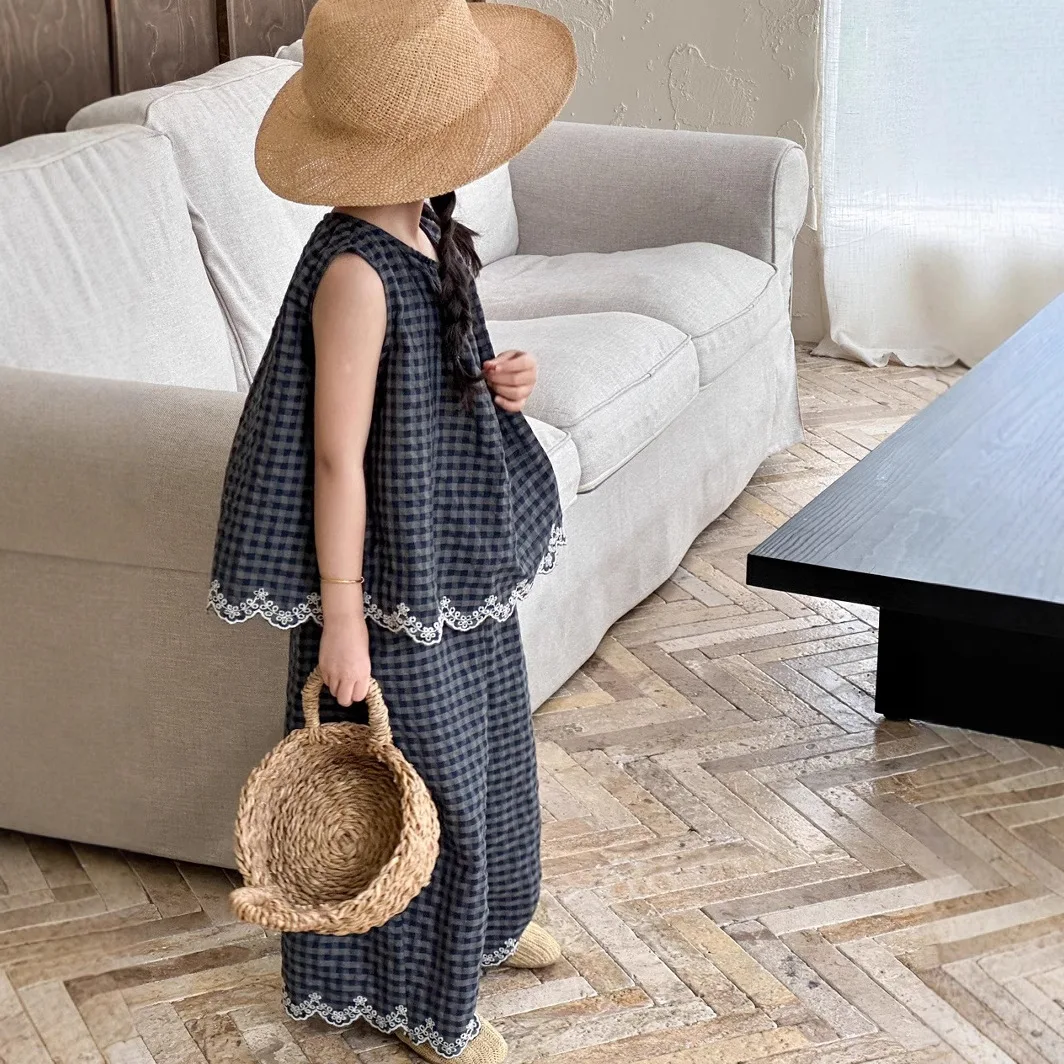 Korean Summer Children Girls 2PCS Clothes Set New Plaid Lace Vest Top+wide Leg Pant Outfit Infant Baby Girls Sleeveless Tee Suit