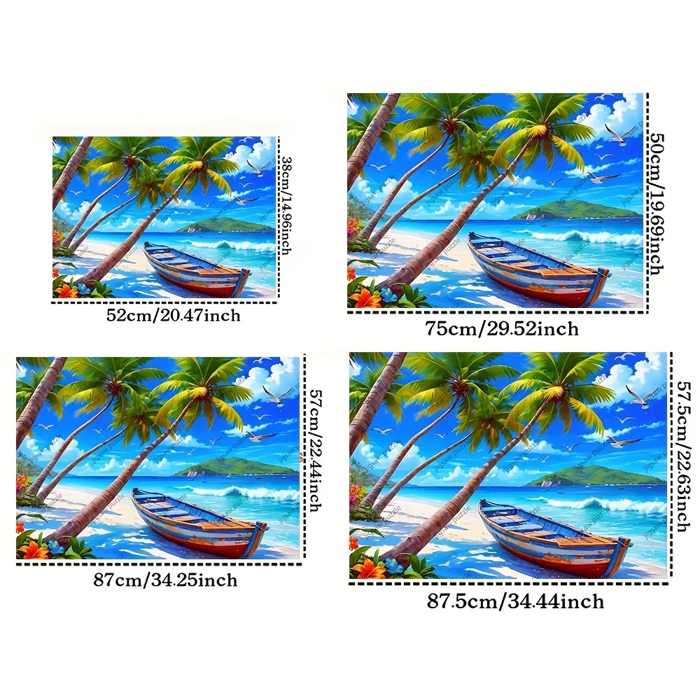 2000/1500/1000/500 قطعة أحجية الصور المقطوعة الخشبية للشاطئ الاستوائي للبالغين - أشجار النخيل النابضة بالحياة والقارب ومشهد المحيط، خشب ممتاز