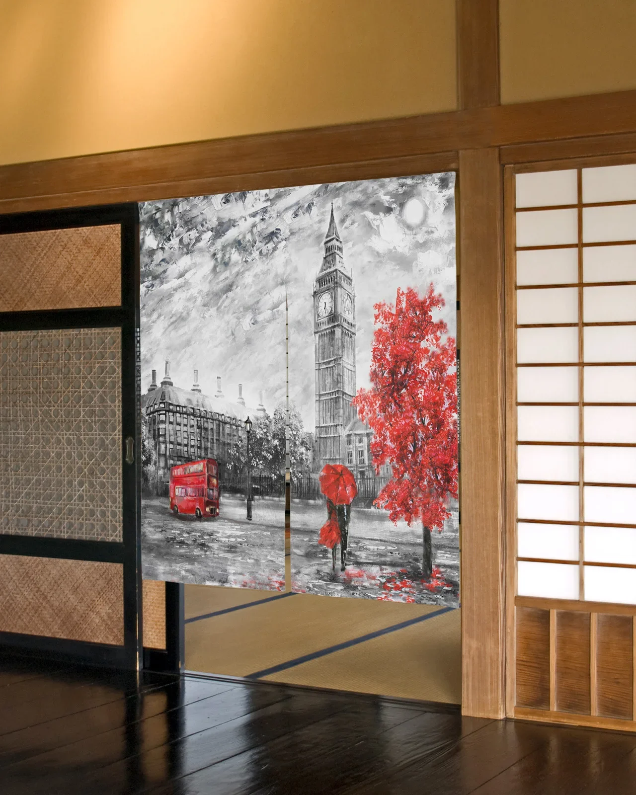 London Red Umbrella Bus Tree Door Curtain Oil Painting Japanese Noren Curtain Restaurant Kitchen Entrance Partition Half-Curtain