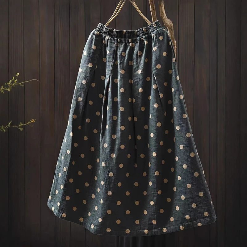 100% 면 여성 캐주얼 스커트 신상품 2025 가을 심플 스타일 빈티지 도트 무늬 여성 하이웨이스트 A라인 스커트 T766