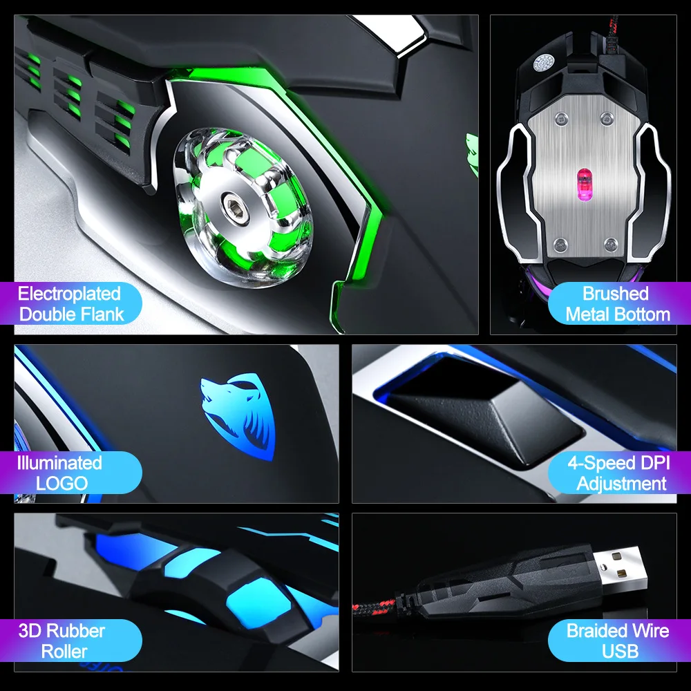 T-Wolf V6 Wired Mechanical Gaming Mouse 6 Buttons Macro Programmable Rgb Backlit Ergonomic Metal Base For Pc Gamers Office Use