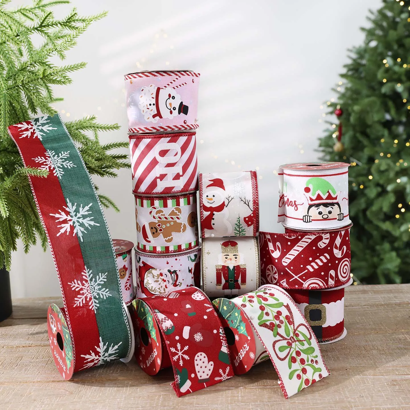 1PC Christmas Wired Edge Ribbon Snowman Nutcracker Gingerbread Printed Fabric Ribbon for Gift Wrapping Christmas Tree Bow Decor