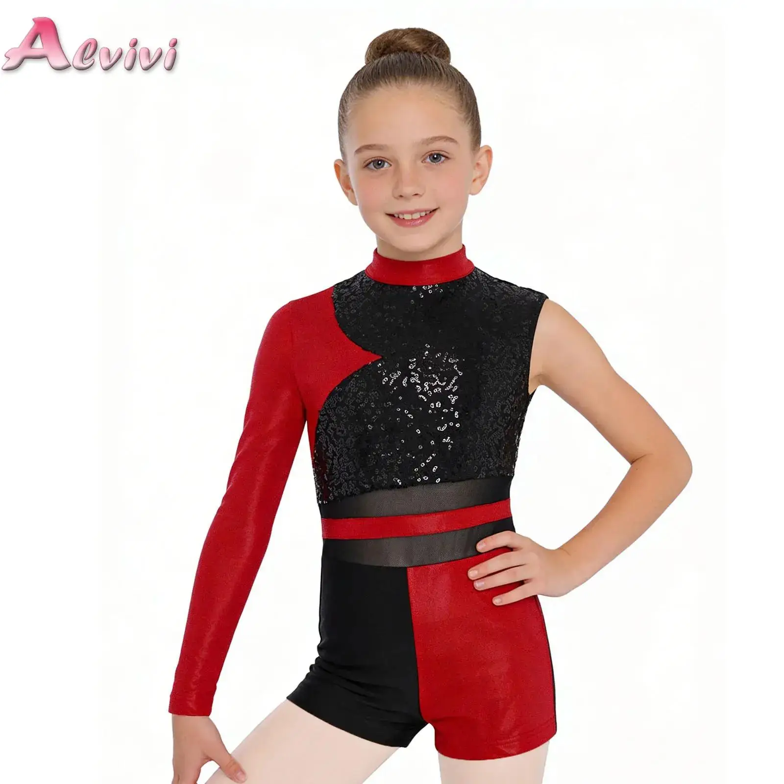 

Kids Girls Gymnastics Dance Asymmetrical Jumpsuit Cutout Back Sequins Color Block Jersey Metallic Ballet Leotard Dancewear