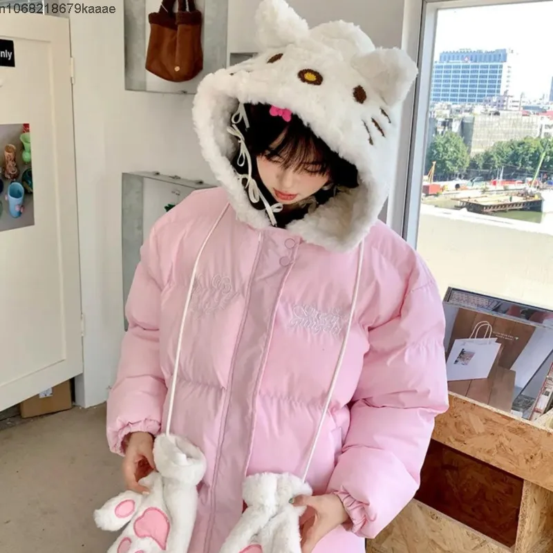 Hello Kitty Winter Thick Splicing Hooded Cotton Coat Women's Japanese Style Sweet Cute Warmth With Gloves Versatile Coat Jacket