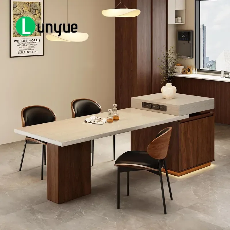 Travertine Rock Slab Island Dining Table Retractable Modern Simple Tea Table for Small Apartment Multi Function Household