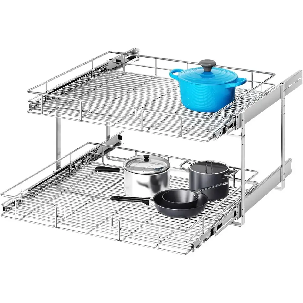 

Dual-Level Pull-Out Cabinet Organizer - 25.5 Wide x 21.5 Deep, Sturdy Slide-Out Shelves for Kitchen or Bathroom Storage