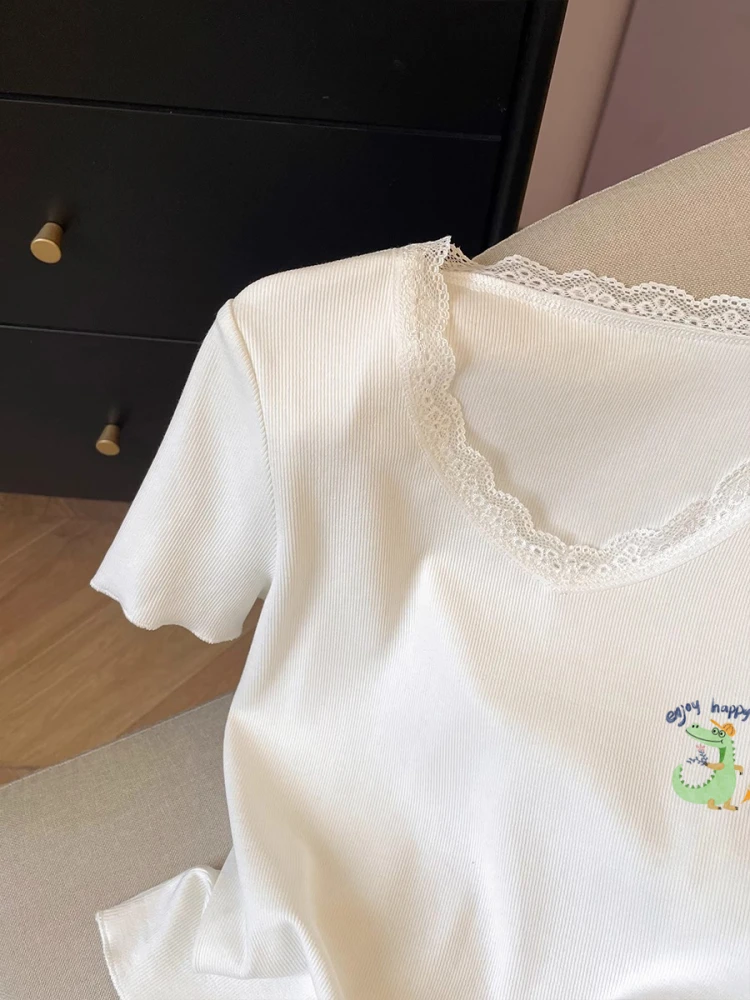 T-shirt V-ne ort Sve in pizzo bianco Top estivo dimagrante da donna Faionable Abbigliamento casual Traspirante Sweat-ng