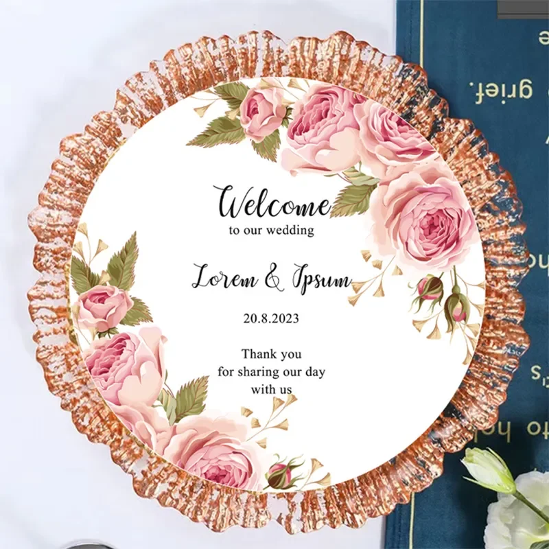 Customized pink rose theme party paper printing thank you card 100pcs for wedding custom text and logo photo round cards 20cm