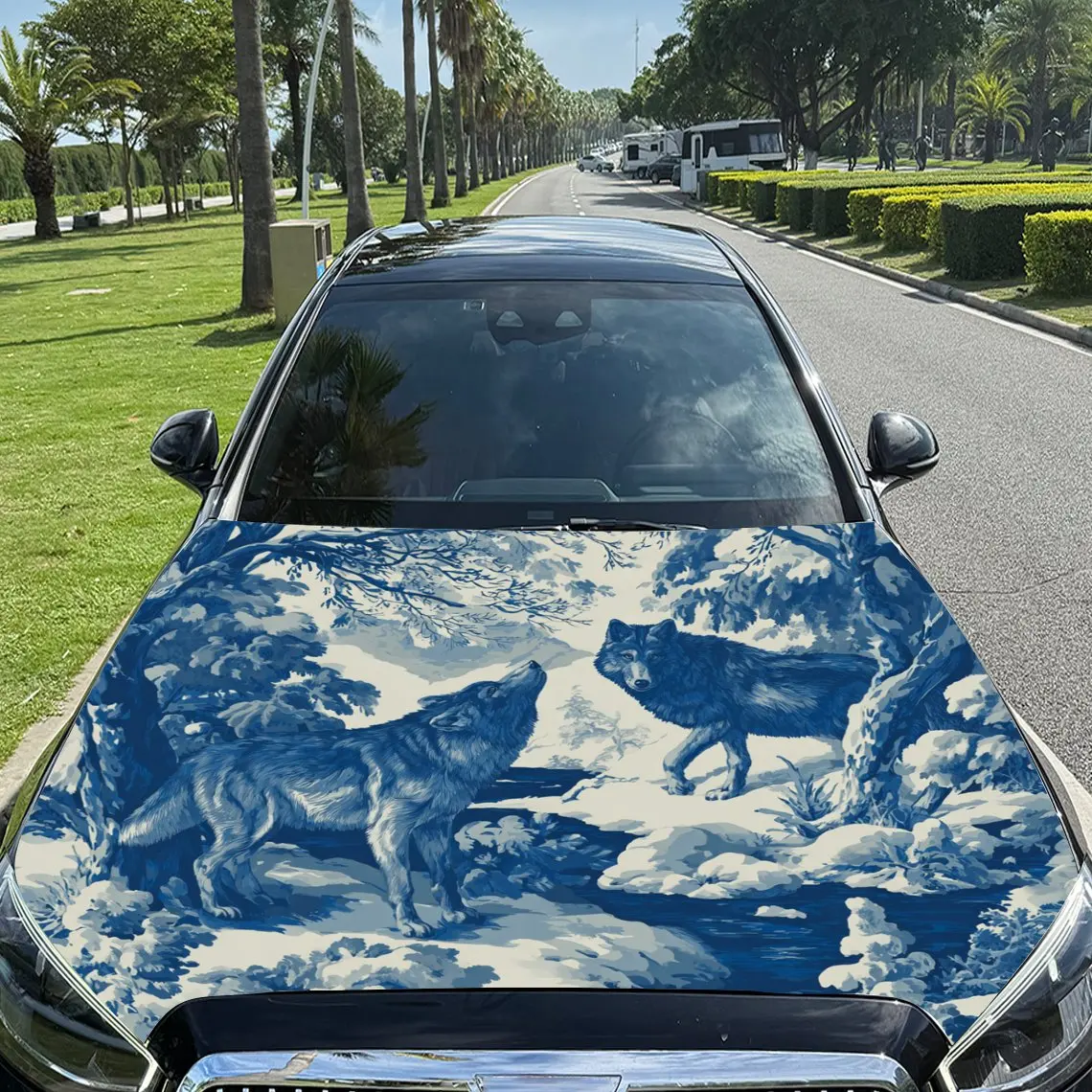 

Car Decals Wolves Exhibiting Ferocity And Unity In A Blue - Toned, Dynamic Scene Car Hood Sticker, Waterproof Self - Adhesive Vi