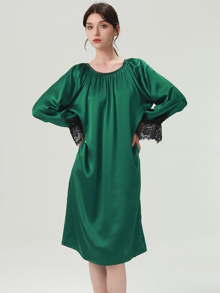 

100% Mulberry Silk Women's Sleepwear Nightgown Lace Trim Long-sleeved Ngihtdress Chemise Emerald Midi Dress Loose Sleepshirts PJ