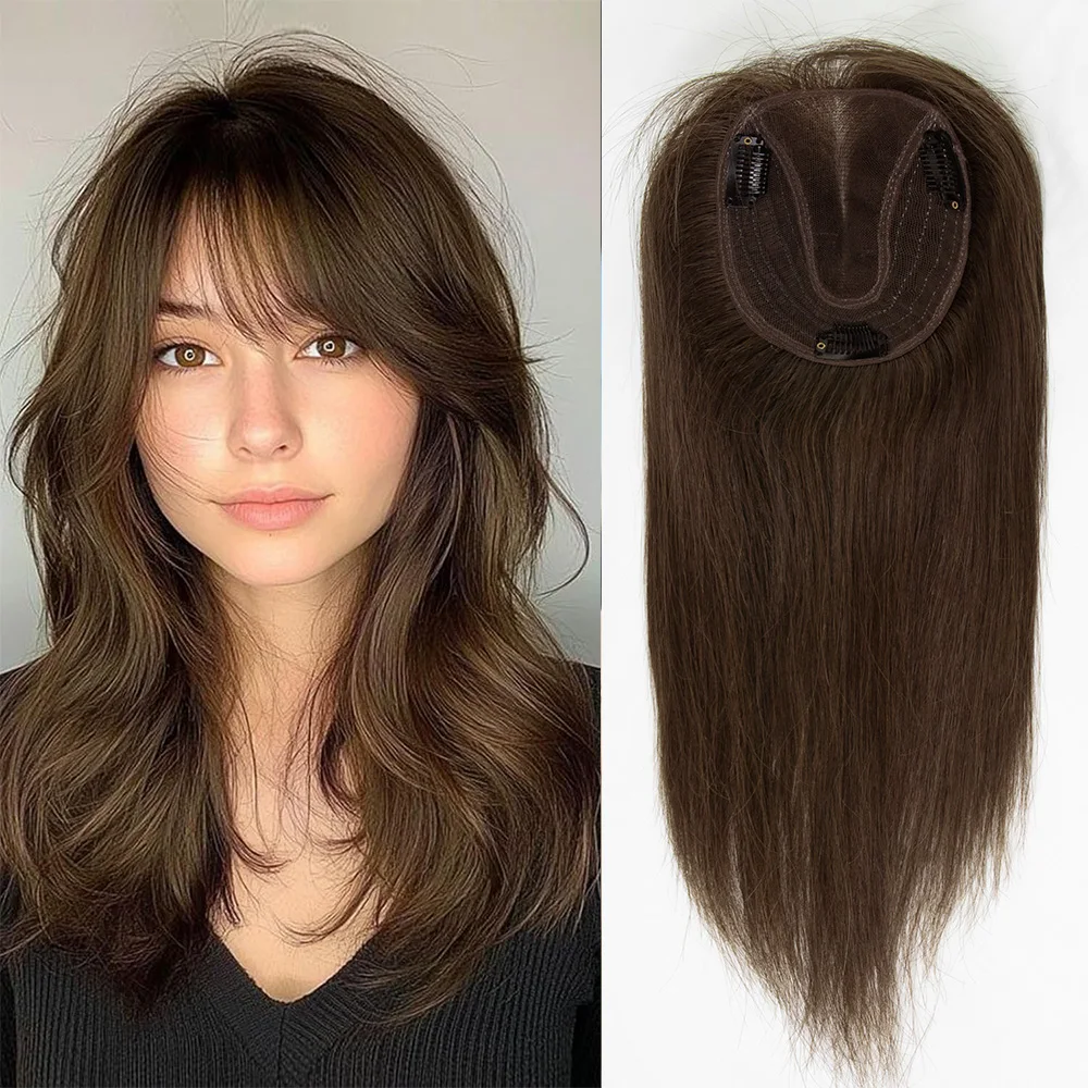 

Dark Brown Human Hair Toppers For Woman Large Swiss Base Blonde Black Clip in Hair Extensions with Remy Hairpieces For Thin Hair