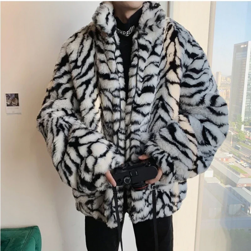 Luxury Brand Vintage Cargo Jacket Fluffy Fur Coat Men Clothing Trend Loose Furry Faux Fur Tiger Leopard Print Harajuku Korean