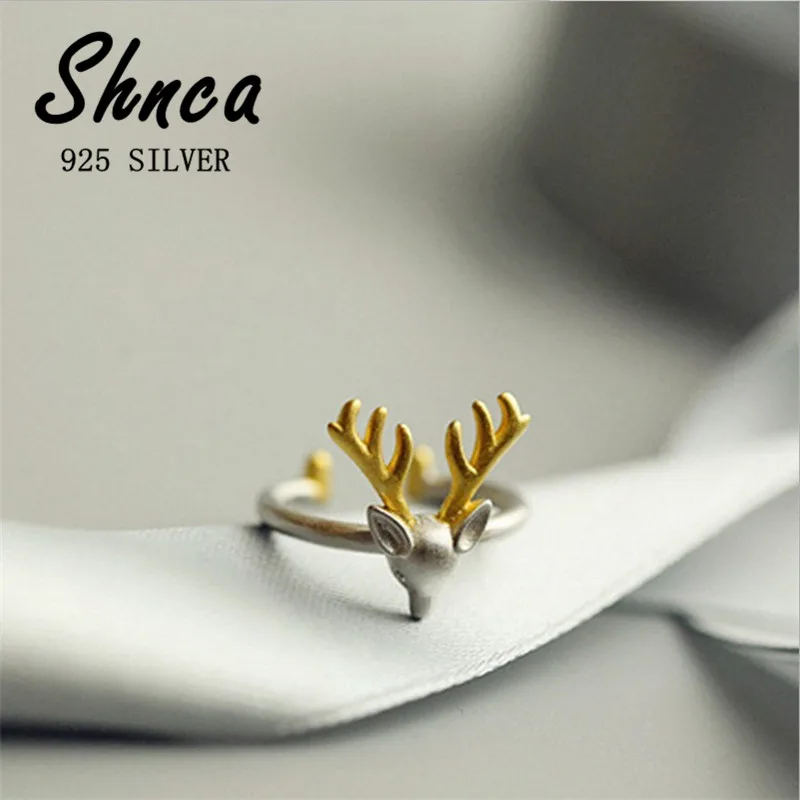 Cartoon Cute Animal 925 Sterling Silver Elk Deer Golden Antlers Open Rings For Women Girl Student Jewelry XR232