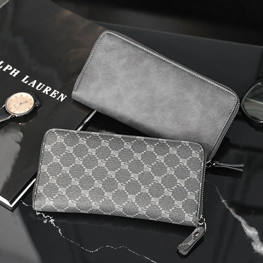 Men Long Zipper Clutch Wallet, Retro Plaid & Matte Solid PU Leather Purse,  Can Hold Phone Business Casual Male Wallet