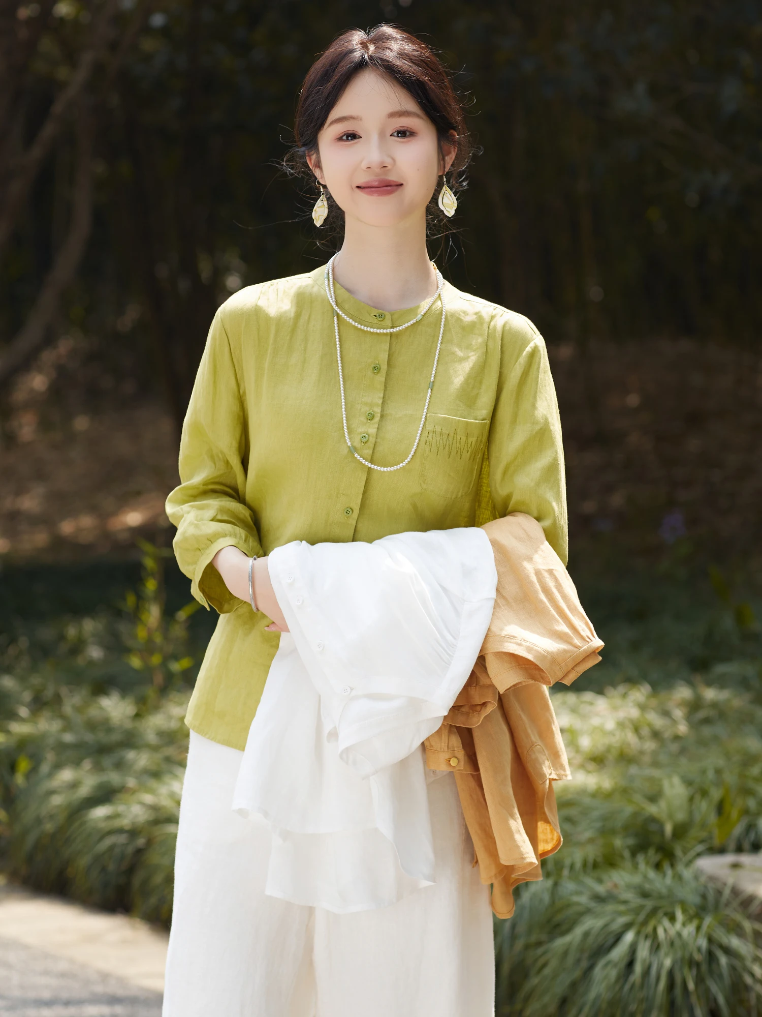 

Wangcheng H1532 Linen Shirt Stand Collar Seven Sleeve Women's Summer Sun Protection Loose Fit Breathable Comfortable Spring