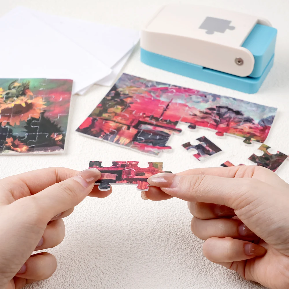 

Portable Puzzle Pieces Punching Machine Easy Puzzle Maker with 10 Adhesive Foams for 4X6'' Photo Card Scrapbooking Diy Craft