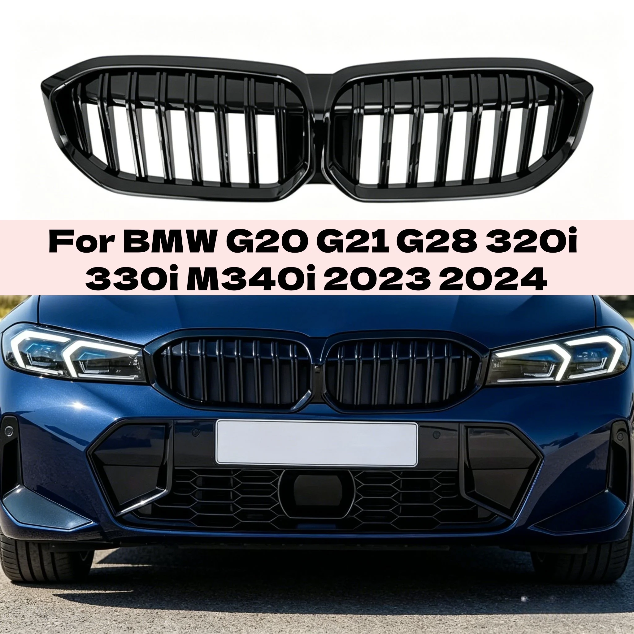

Racing Grills Front Bumper Kidney Grille Single Line Hood Grilles For BMW G20 G21 G28 320i 330i M340i 2023 2024 Gloss Black