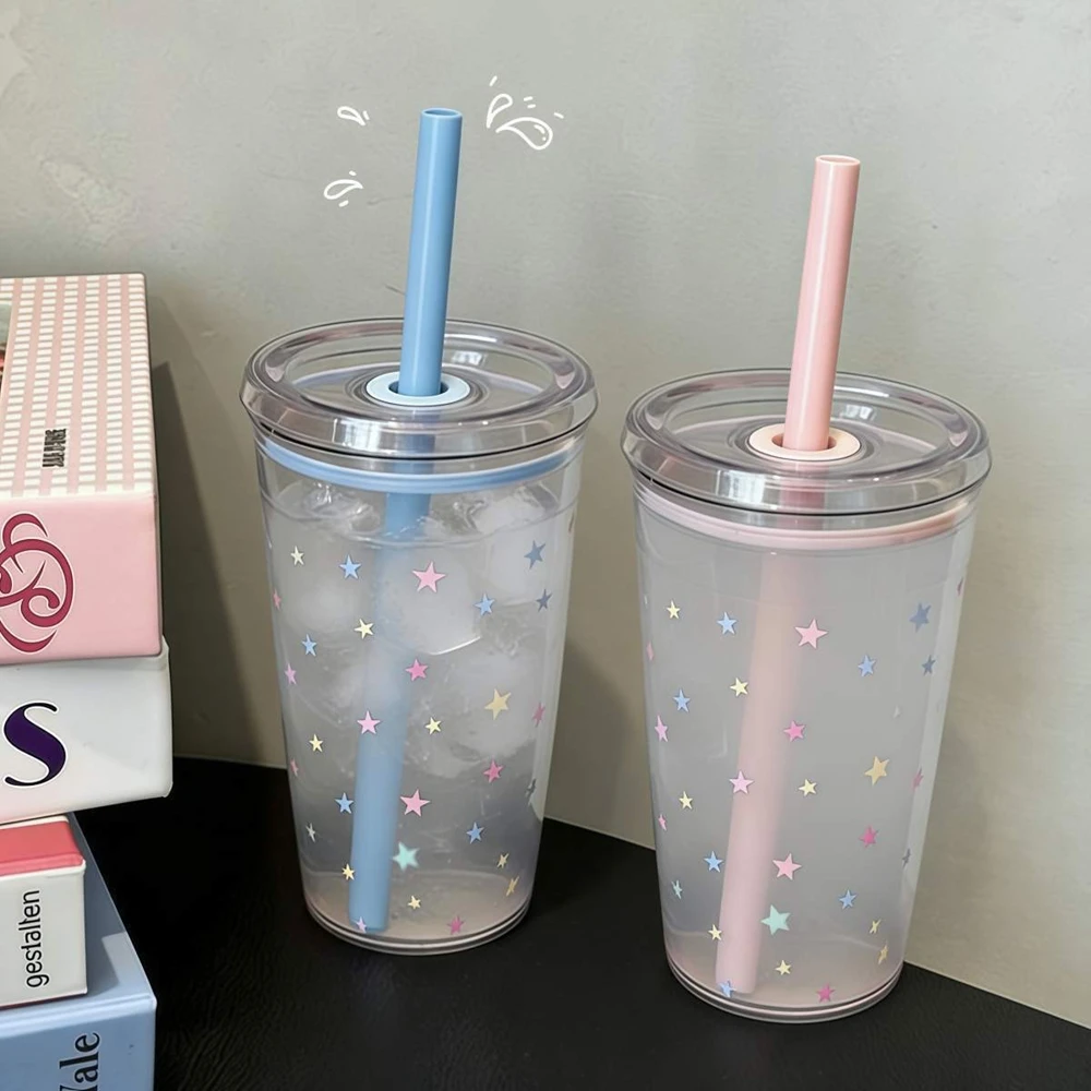 Star Korean Style 450ML Summer High-value Milk Straw Plastic Cup Transparent Multi-color Thickened Coffee Cup Office Water Cup