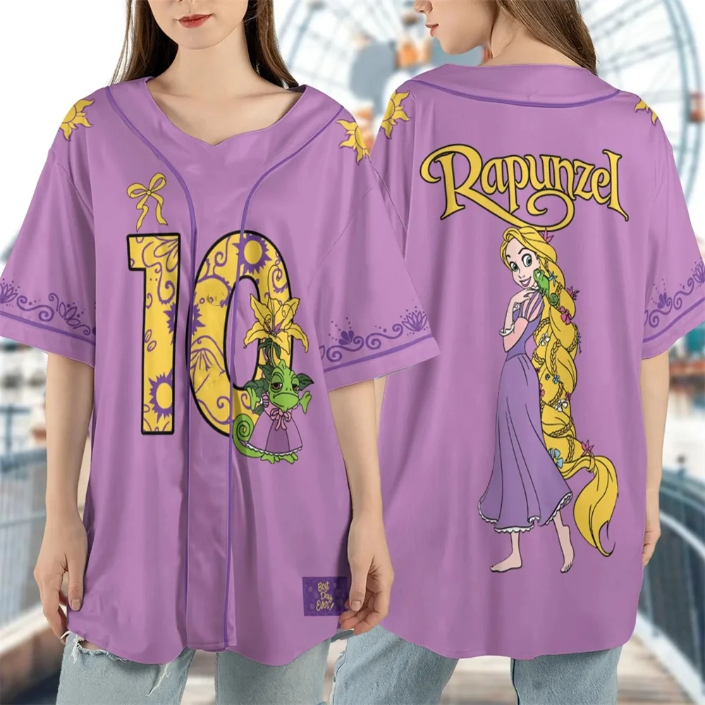 حفلة أميرات ديزني اختر الأميرة التي تحبها على طراز البيسبول، ملابس عائلية متطابقة، أكمام قصيرة مطبوعة برسوم كارتونية عالية الجودة