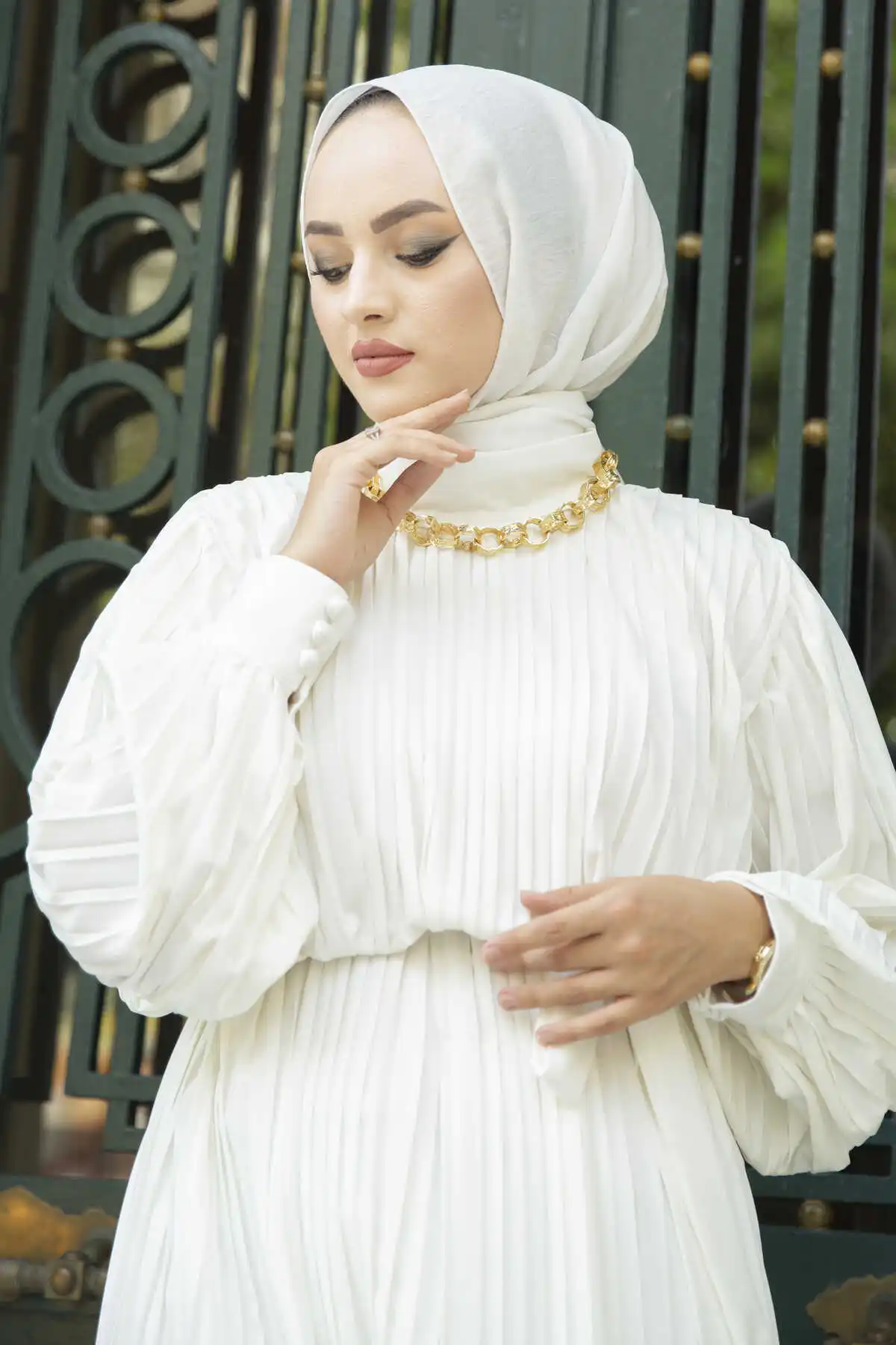 ; Pleats Evening Dress Raw White Winter Autumn 2021 Muslim Women Hijab headscarf Islamic Turkey