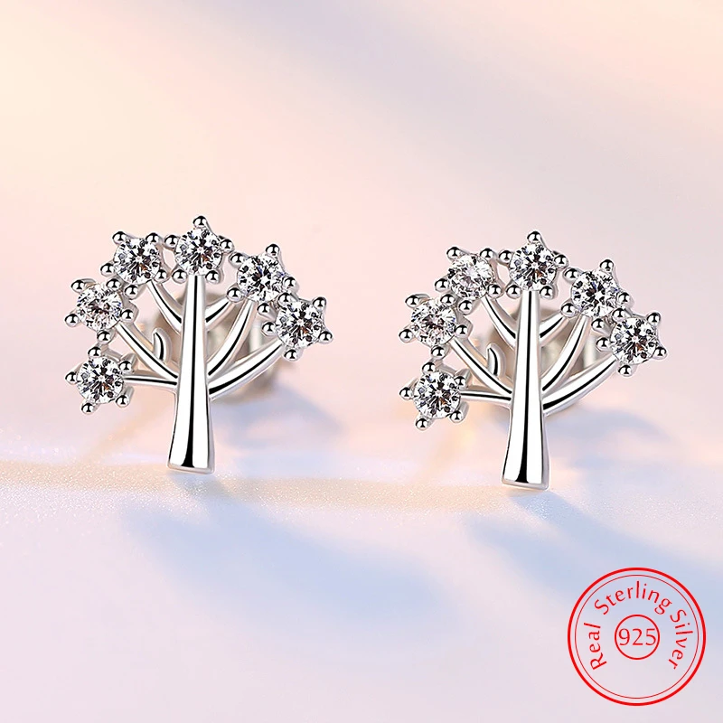 

Genuine 925 Sterling Silver Women's Gift New Jewelry Trendy Tree Crystal Zircon Stud Earrings XY0301