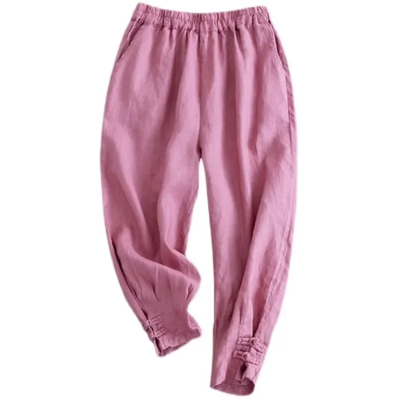 Calças casuais de linho de algodão feminino solto ajuste primavera cintura média baixa cleanfit sle guarda-chuva soldado calças material pvc