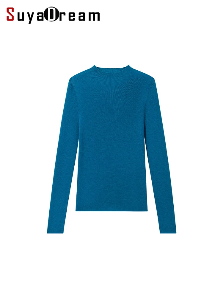 SuyaDream, Women Pullovers, 100%Sheep Wool, Mock Neck, Whole Garment Ribs Basic Sweaters, 2024 Fall Winter Slim Warm Top, Blue