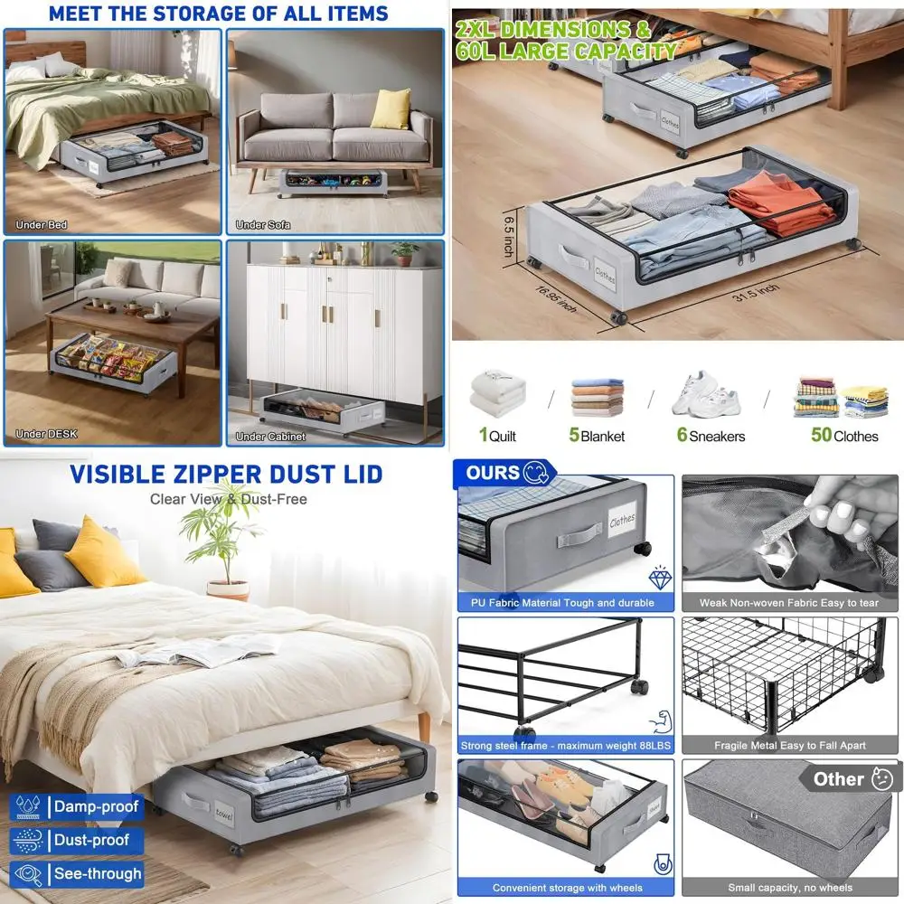 

Набор из 4 контейнеров XXL 60 л с прозрачными крышками и колесами для хранения под кроватью (для одежды, обуви и игрушек), серый