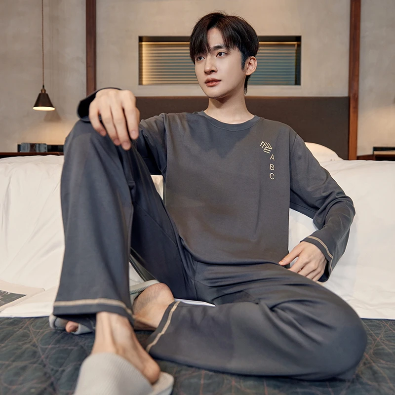 

Newest Men Pajamas Set 100% Cotton Sleepwear Male Autumn Long Sleeve Pyjamas