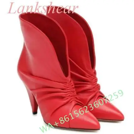 2024 New Women's Red Low-Cut Detailed Pointed Toe Drawstring Boots Fashion Spike Heels Pleated Ankle Boots Slip On Size 35-43