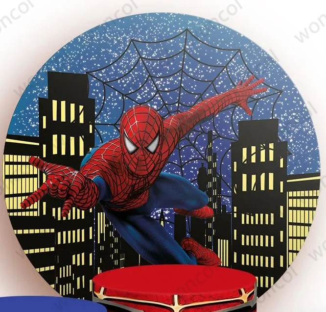 Superhero Spiderman Round Backdrop 1st Boy Birthday Backdrop Marvel Spiderman Cylinder Cover Baby Shower Party Decor Photo Prop