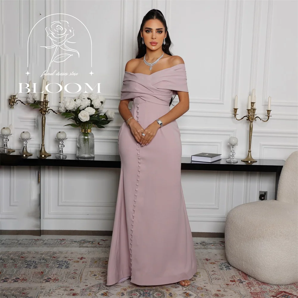 

Bloom Customized Short Sleeve Everning Gown Floor Length Botton Off The Shoudler Mermaid Party Dress Simple V-Neck Ruffles 2025