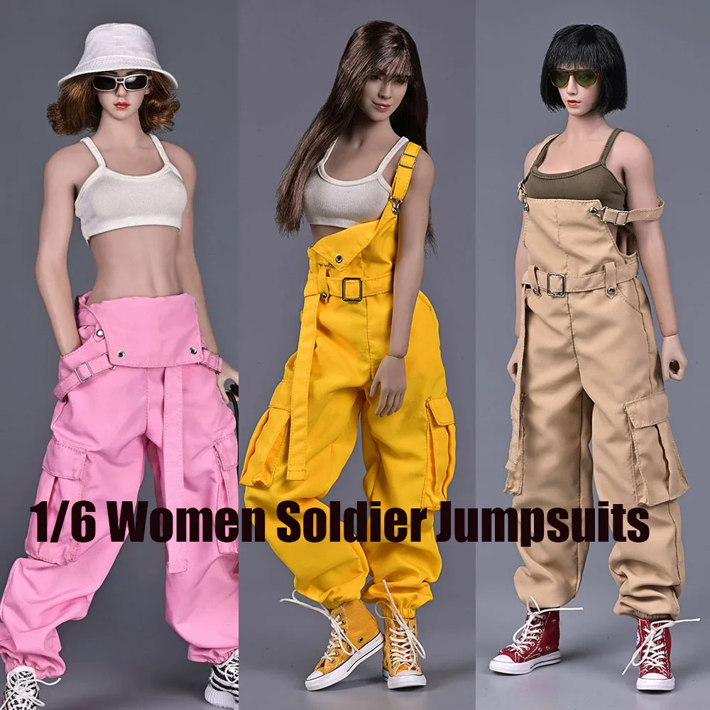 1/6 Women Soldier Overalls Trendy Hip Hop Strap Pants Y2K Jumpsuit Rompers Slim Crop Tops Vest For 12