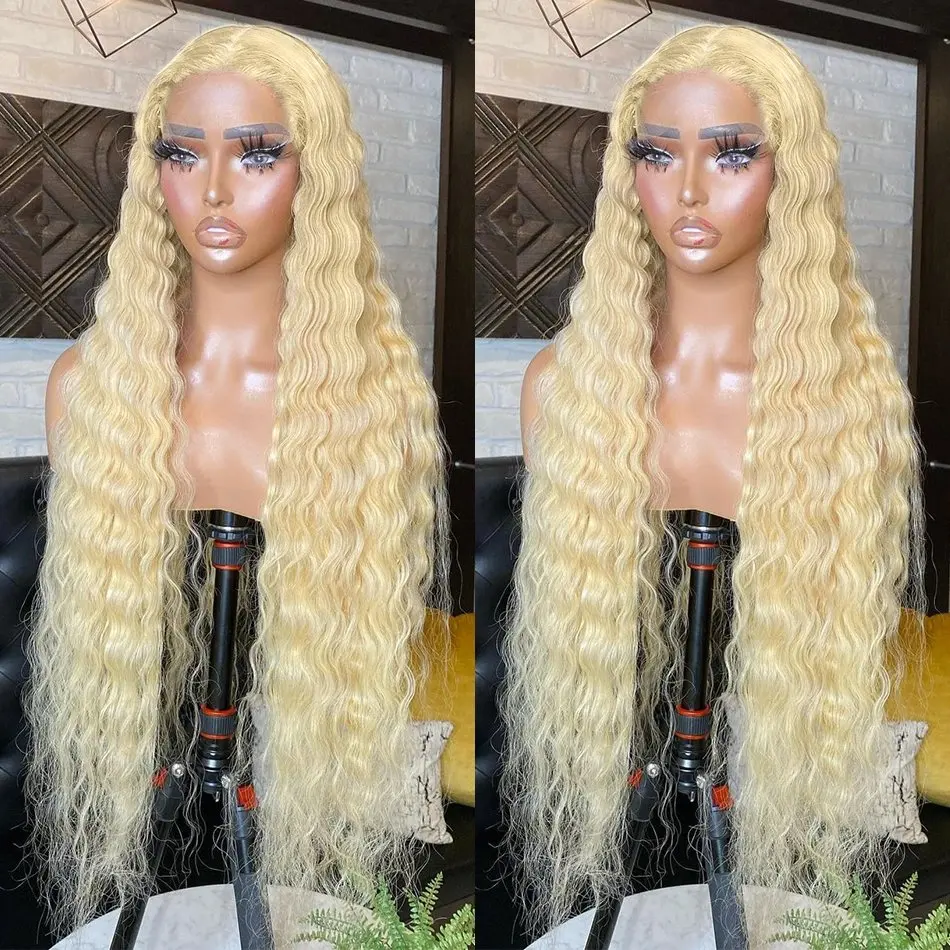 13x4 Lace Forehead Human Hair Wig 180 Density Blonde 24 Inch 613 Blonde  Deep Wave Glueless Curly Hair  Women Human Hair Wigs