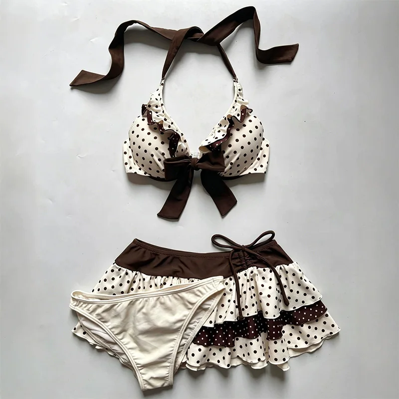 Y2K Retro Beach 3Piece Swimsuit Women Vacation Polka Dot Print Contrast Tiered Ruffle Ruched Halter Backless Bikini Set Swimwear