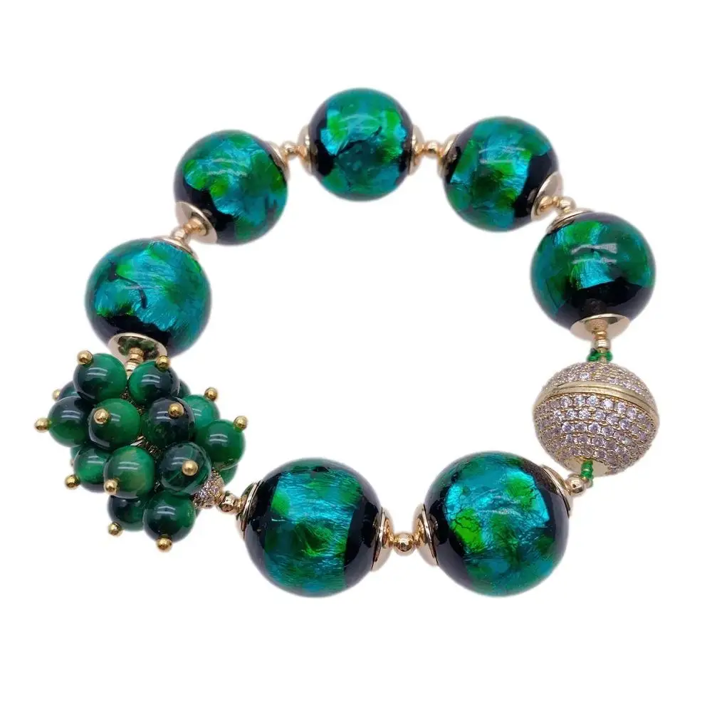 Y·YING Green Murano Grass Tiger Eye Beaded Bracelet Fashion Women Gift