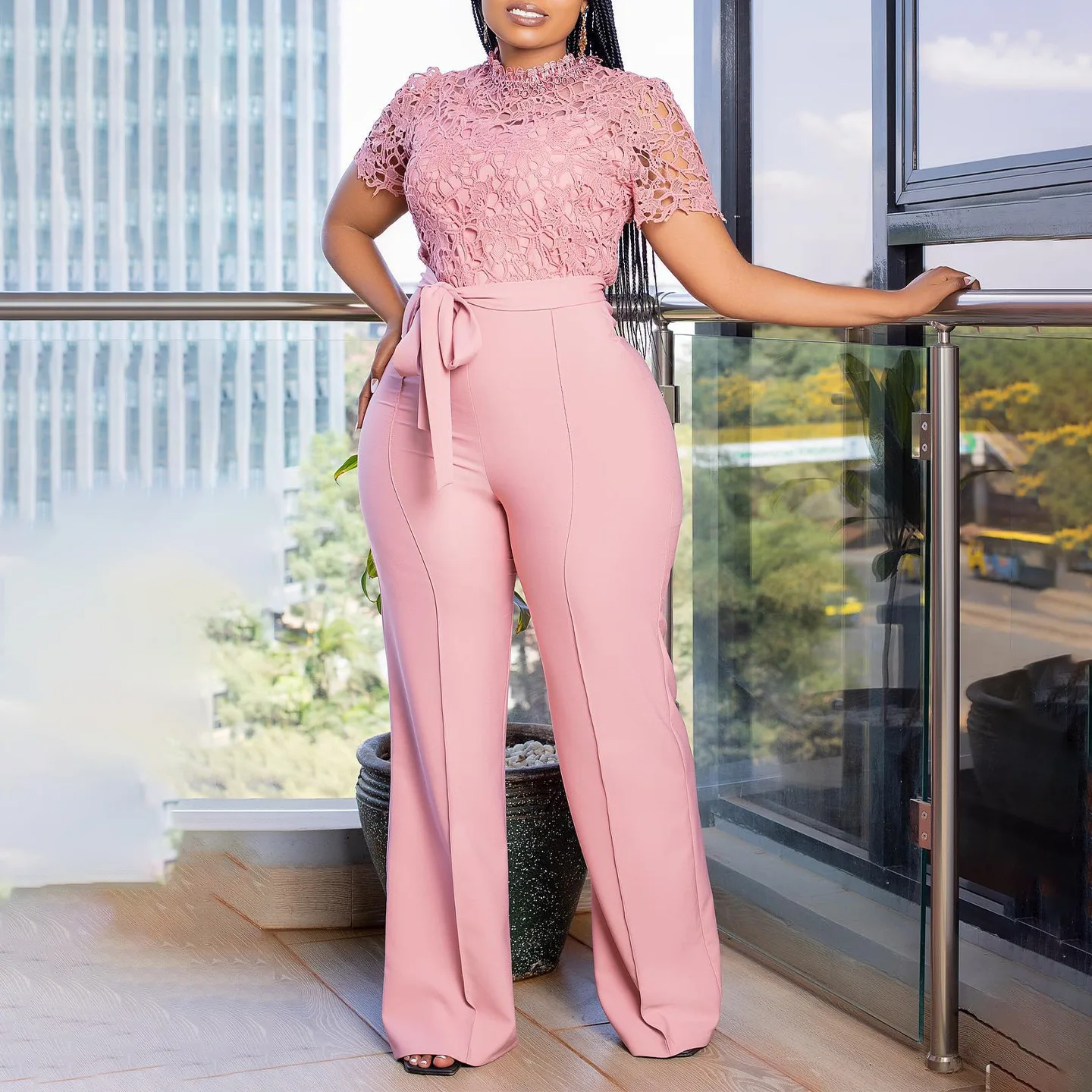 

Women's Sexy Lace Hollow Short Sleeve Strap High Waist Wide Leg Jumpsuit